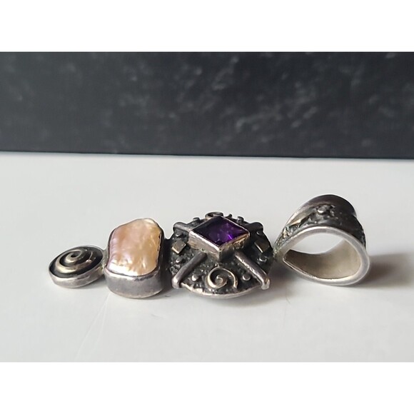 925 Sterling Silver Amethyst Pearl Pendant Vintage - Picture 5 of 10